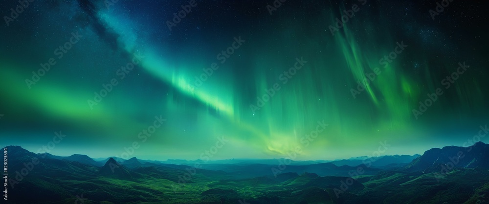 A beautiful view of aurora in northern sky night over the hills. Green and blue borealis northern lights background wallpaper