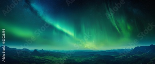 A beautiful view of aurora in northern sky night over the hills. Green and blue borealis northern lights background wallpaper