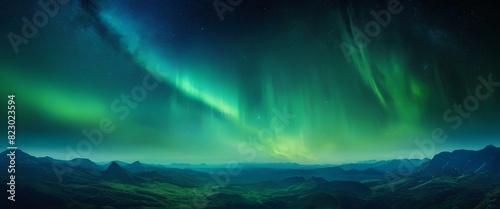 Obraz na płótnie A beautiful view of aurora in northern sky night over the hills. Green and blue borealis northern lights background wallpaper w salonie
