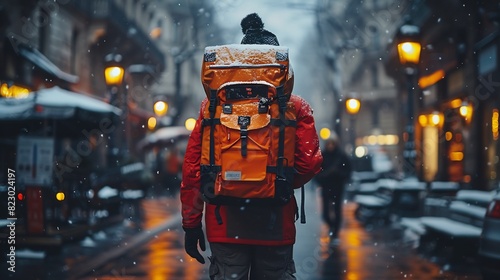 Food delivery person ringing a doorbell with a large insulated bag on their back photo