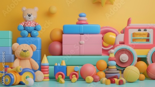 Colorful 3D rendered image of a variety of children's toys including a teddy bear, truck, and stacking toy.