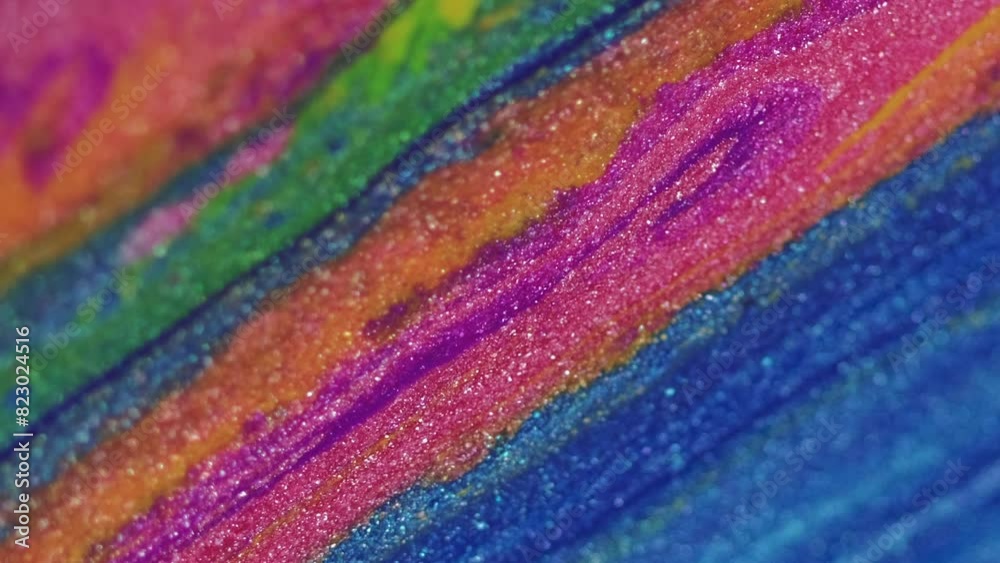 Glitter fluid flow. Paint spill. Color ink wave. Pink blue orange green shimmering metallic texture flow motion on defocused art abstract background. Glitter fluid flow. Paint spill. Color ink wave. Pink blue orange green shimmering metallic texture flow motion on defocused art abstract background.