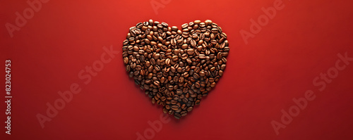 Love Heart shape made of coffee beans on red background..