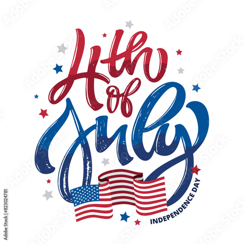 Text 4th of July. Independence Day vector lettering typography for postcard, card, banner. 100% vector image hand drawn