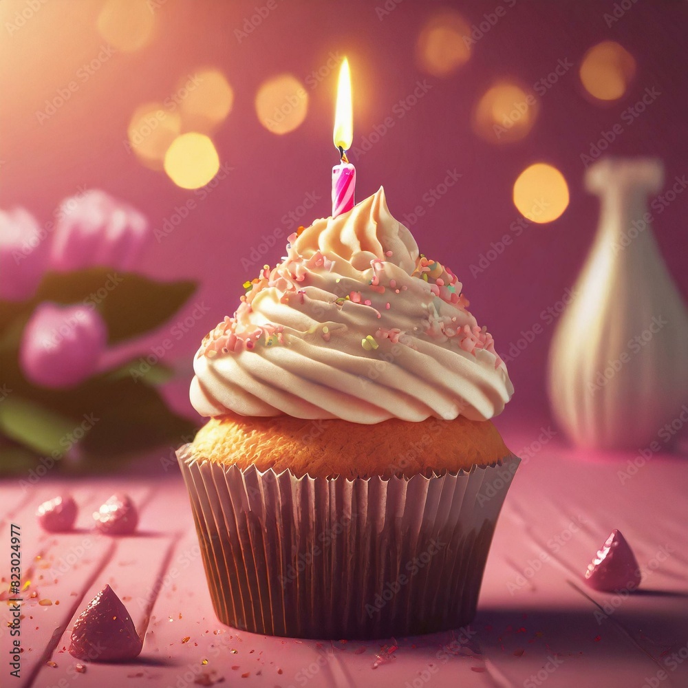 cupcake with birthday candle on top of it; pink background cupcake with birthday candle on top of it; pink background