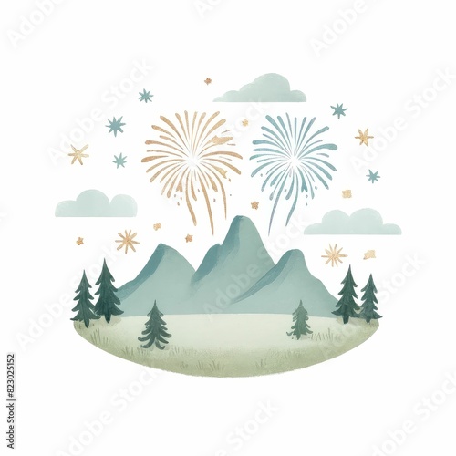 Fireworks over national park. watercolor illustration  Perfect for nursery art  simple clipart  single object  white color background.