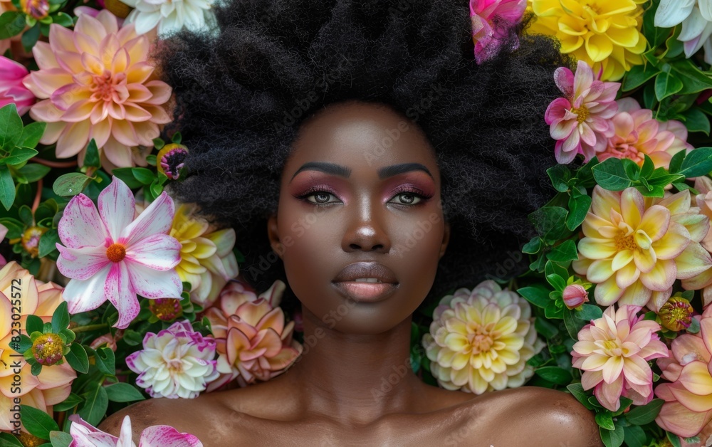 African American woman with afro hairsty standing surrounded by colorful flowers