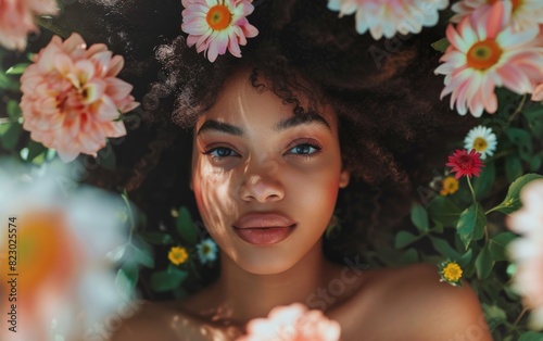 African American woman with blue eyes standing in a field of colorful flowers photo