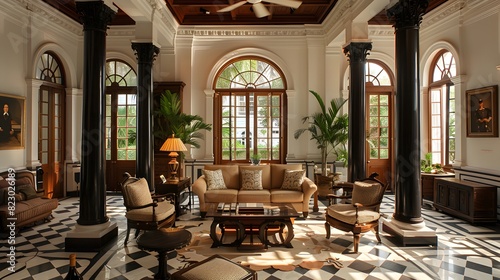 Elegant and luxurious interior of a colonial style living room with natural lighting and classic furniture.  © Athena