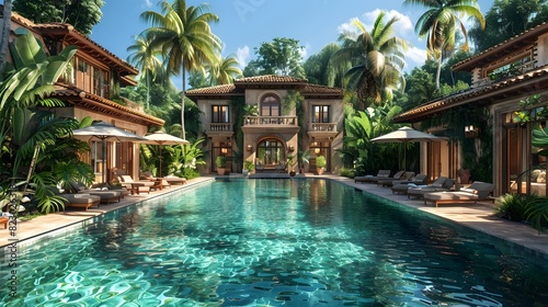 Luxurious tropical resort villa with a sparkling swimming pool surrounded by lush greenery and relaxing sun loungers under a clear blue sky. photo