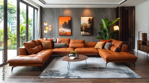 Modern living room with a large leather sofa and stylish decor offering a luxurious and cozy ambiance. 
