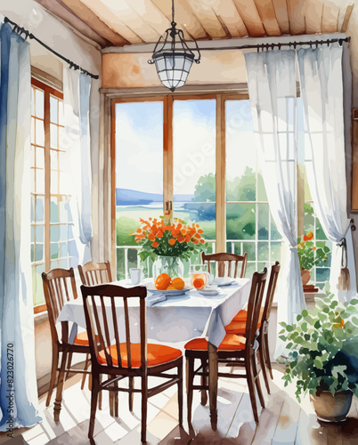 a painting of a dining room with a table and chairs