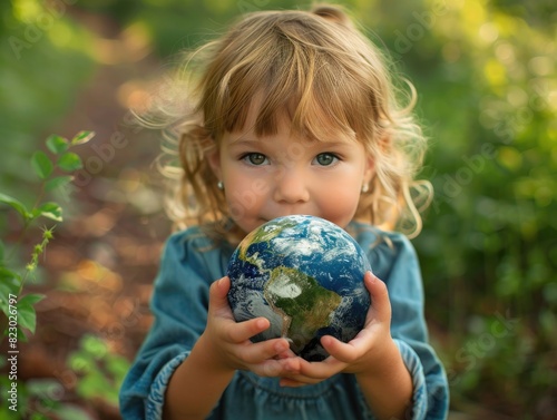 The little girl holds the Earth in her hand