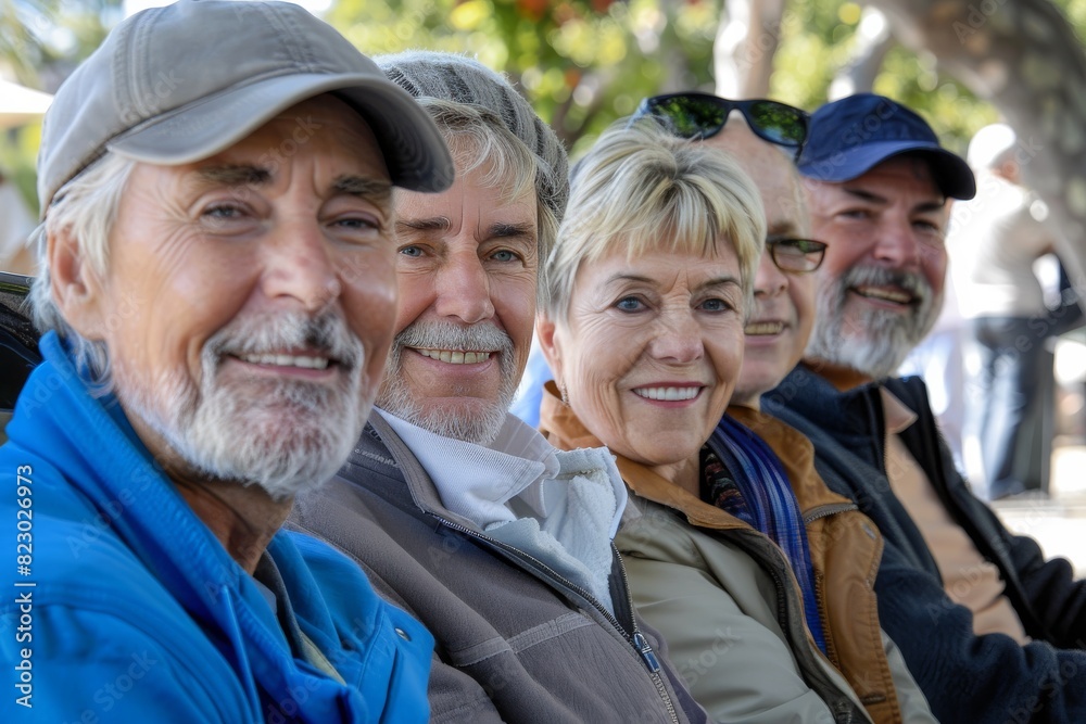 Portrait of smiling senior men and women looking at camera in park Portrait of smiling senior men and women looking at camera in park