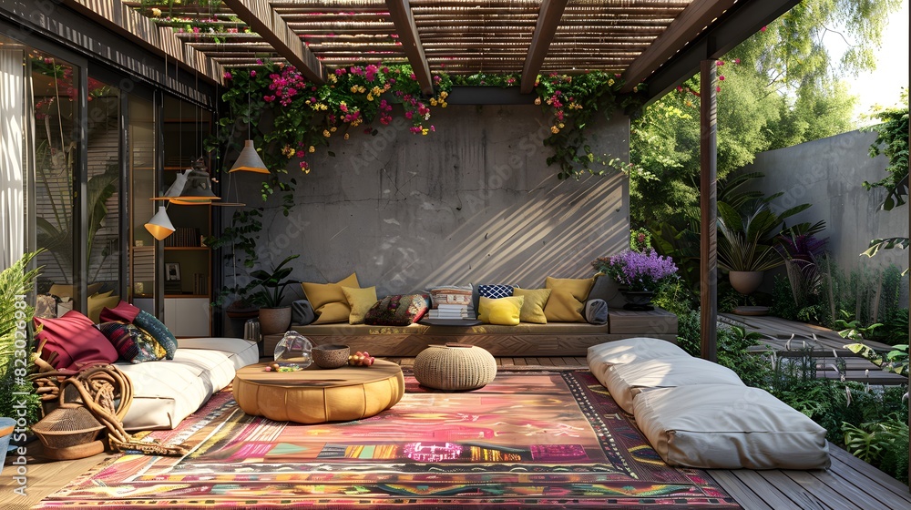 custom made wallpaper toronto digitalCozy outdoor living space with comfortable seating and colorful cushions under a pergola, surrounded by lush greenery and modern decor. 