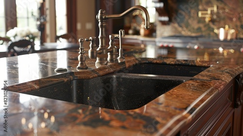 Elegant undermount sink in a vintage kitchen, close-up showing integration beneath the countertop for a sleek and easy-to-clean design