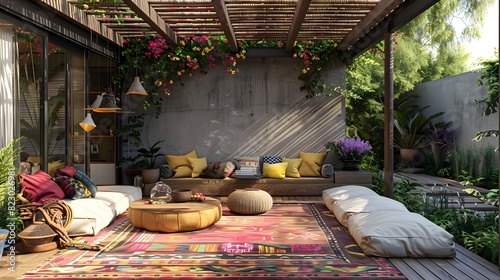Cozy outdoor living space with comfortable seating and colorful cushions under a pergola, surrounded by lush greenery and modern decor. 