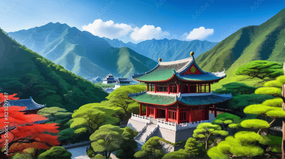 a painting of a pagoda surrounded by mountains