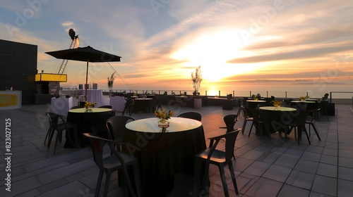Rooftop restaurant setup with tables  chairs  and a sunset view in the background  affordable luxury dining concept. 