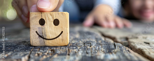 A person holding wooden blocks with smile face for positive customer review satisfaction feedback rating.