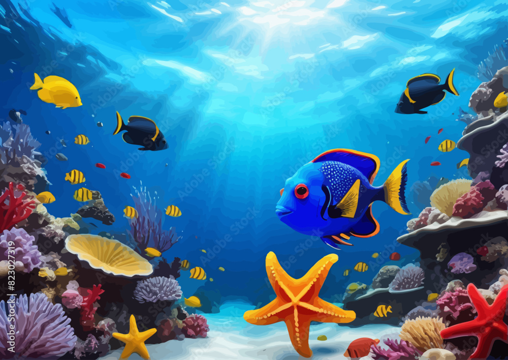 Naklejka premium an underwater scene with a blue fish and starfish