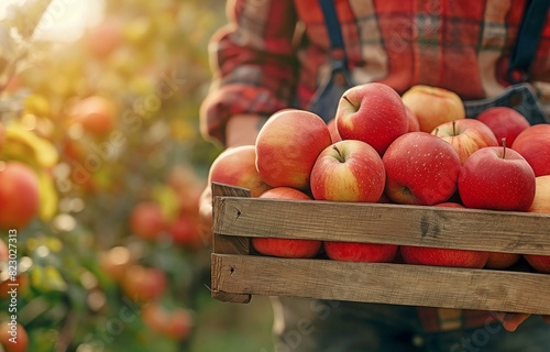 Harvest season concept  a farmer carrying a wooden box filled with apples.