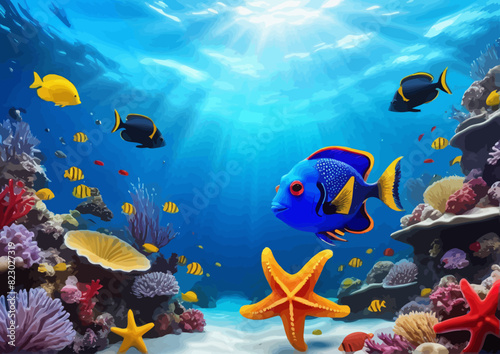 an underwater scene with a blue fish and starfish