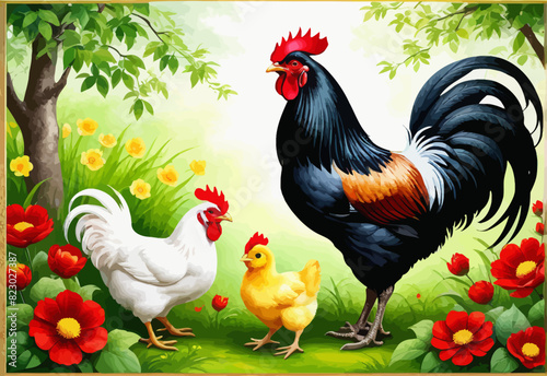 a painting of a rooster and two chickens
