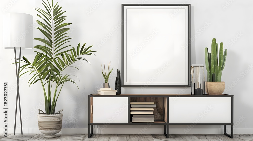 A modern interior scene featuring an empty frame on a wall above a stylish console with decorative plants and books, suitable for mock-up designs. A modern interior scene featuring an empty frame on a wall above a stylish console with decorative plants and books, suitable for mock-up designs.