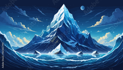 a painting of a mountain in the middle of the ocean