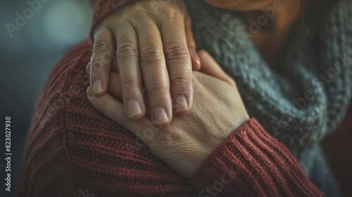 A closeup of a hand gently patting someone on the shoulder The background is softly blurred, highlighting the gesture of comfort and support