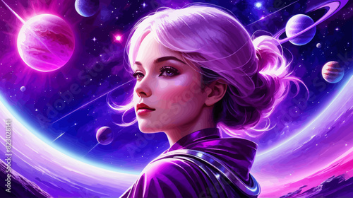 a painting of a woman with blonde hair and planets in the background