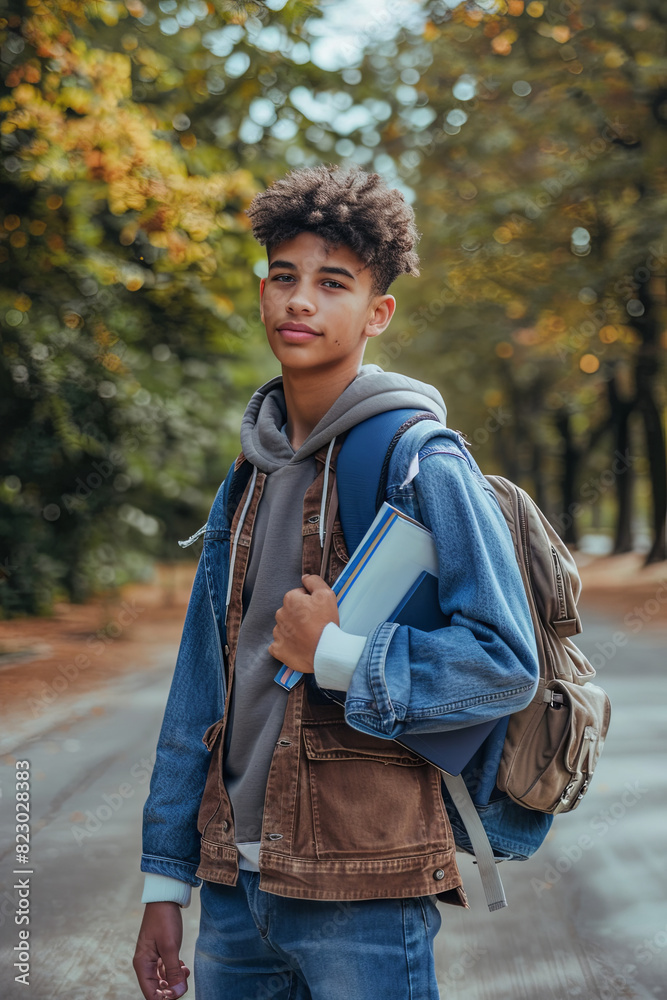 Student carrying textbooks and backpack, standing near road to or from school Student carrying textbooks and backpack, standing near road to or from school