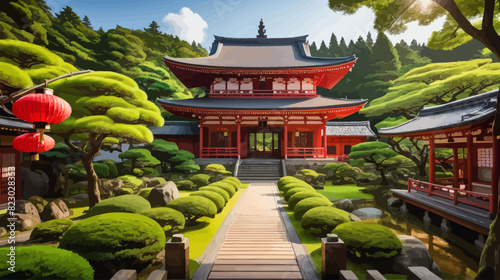 a painting of a japanese garden with a pagoda in the background