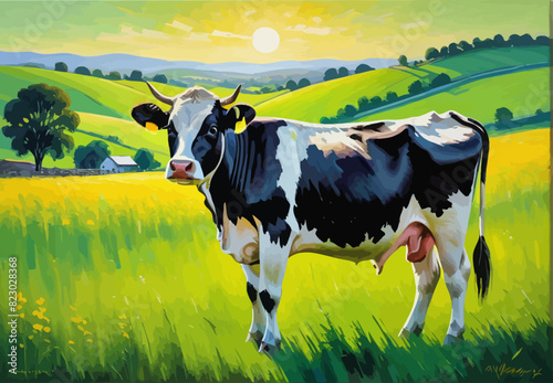 a painting of a cow standing in a field