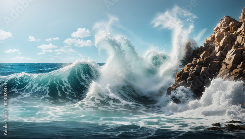  powerful wave crashing against a rocky shore.