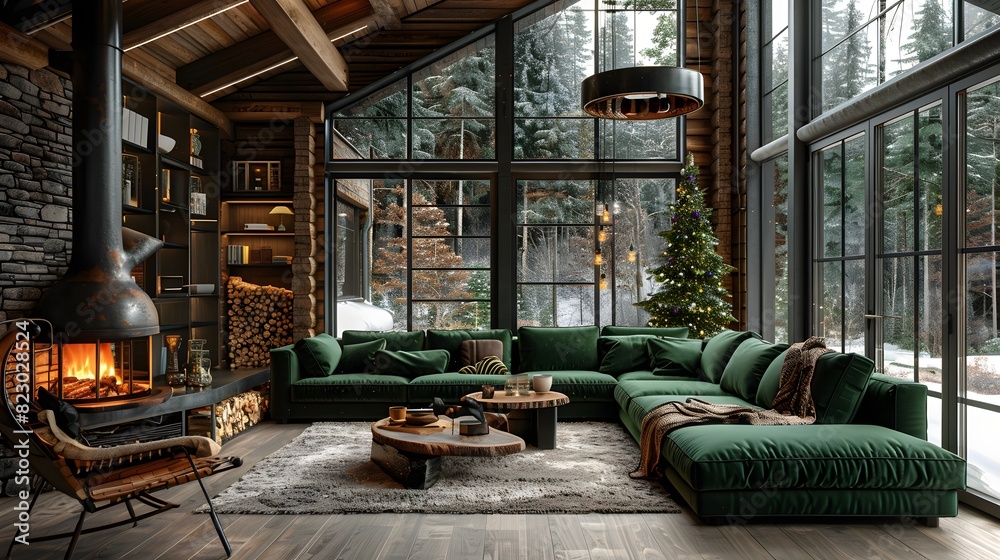 Cozy winter living room with a warm fireplace and festive decorations overlooking a snowy forest landscape. Cozy winter living room with a warm fireplace and festive decorations overlooking a snowy forest landscape.