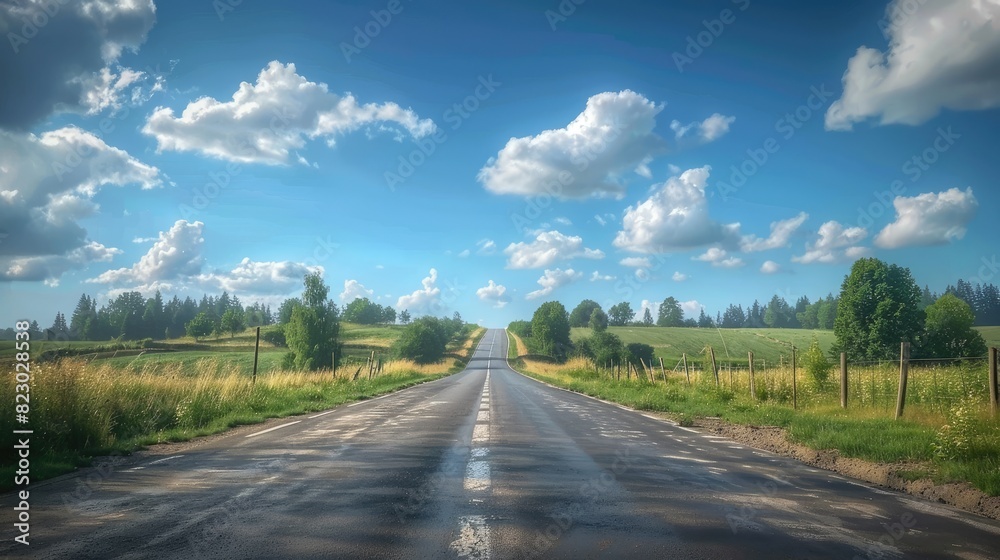 Serene Rural Landscape with Endless Road and Horizon Serene Rural Landscape with Endless Road and Horizon