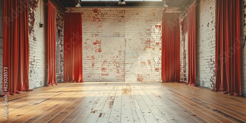 empty stage with red curtains  with white brick wall texture backgrround