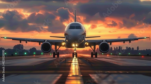 Commercial Airplane on Sunset Runway photo