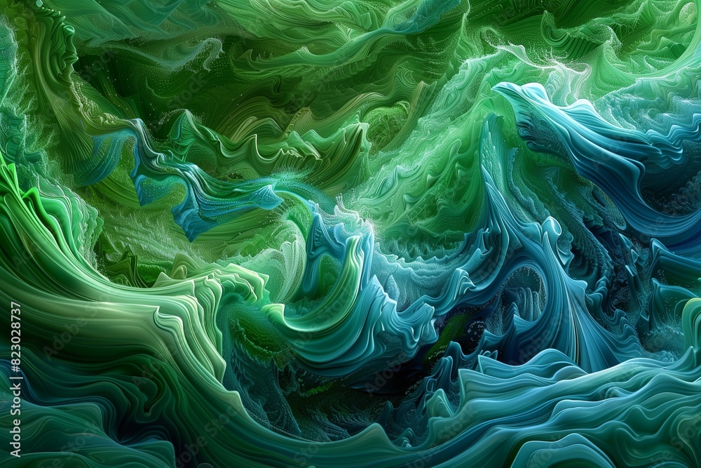 : Waves of emerald green and sapphire blue crash against each other, forming intricate patterns reminiscent of fluid dynamics in motion. : Waves of emerald green and sapphire blue crash against each other, forming intricate patterns reminiscent of fluid dynamics in motion.