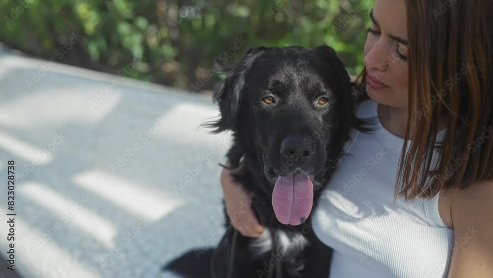 Young woman with a black dog in an outdoor urban park setting on a sunny day Young woman with a black dog in an outdoor urban park setting on a sunny day