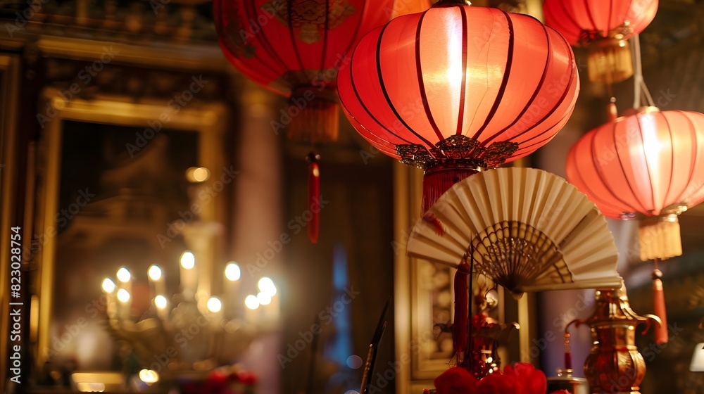 Traditional red Chinese lanterns decorate an elegant interior, illuminating with a warm festive glow for a cultural celebration 