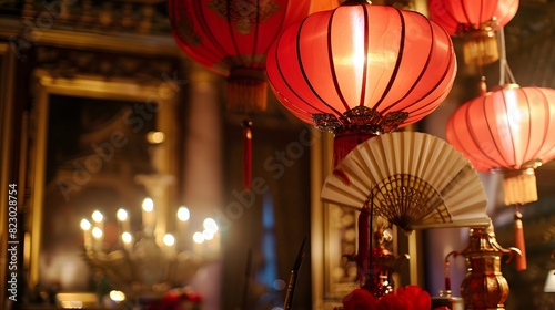 Traditional red Chinese lanterns decorate an elegant interior  illuminating with a warm festive glow for a cultural celebration 