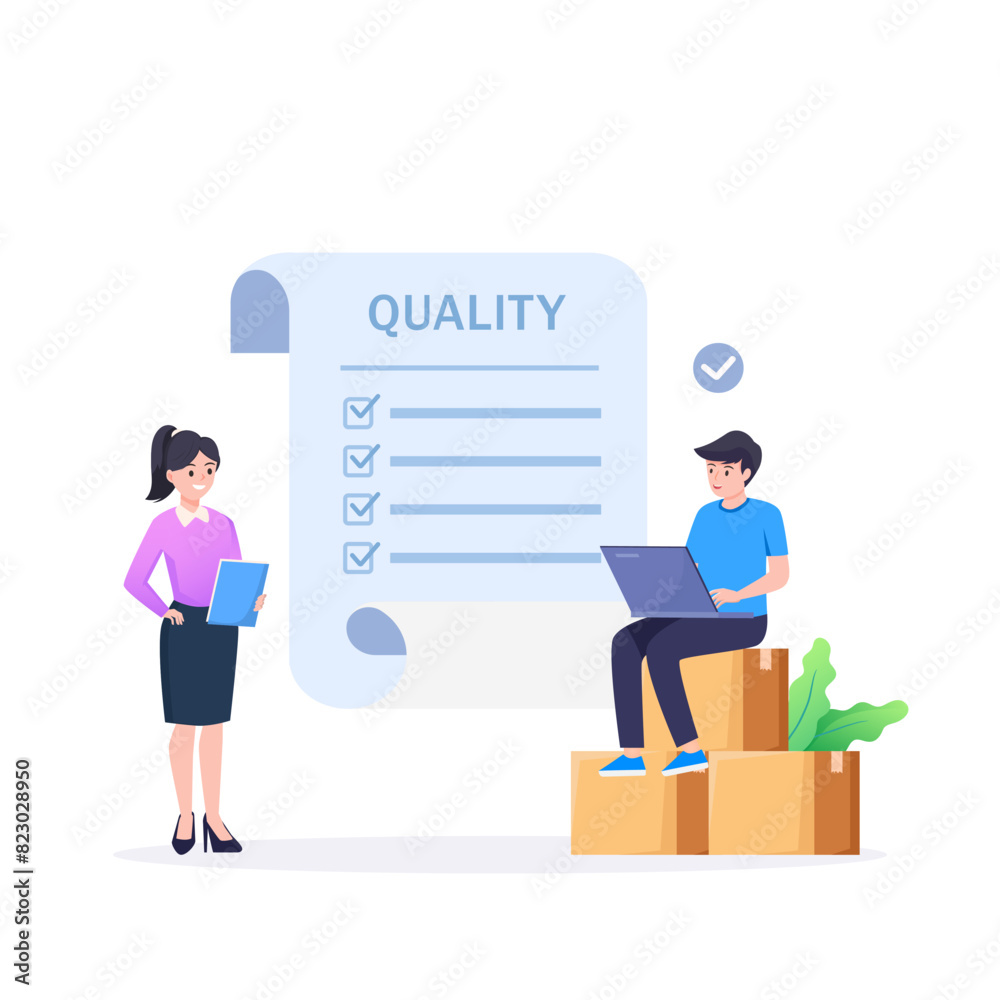 Vector quality control concept. Business people confirm and certify a quality product in accordance with ISO 9001. Vector quality control concept. Business people confirm and certify a quality product in accordance with ISO 9001.
