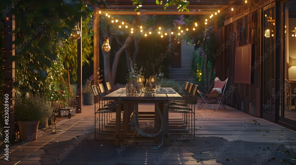 Cozy outdoor dining area with string lights on a terrace at dusk. 