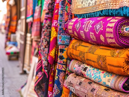 Colorful market street in Marrakech Vibrant products and textiles clear midday sun details up close © Digital Darinee