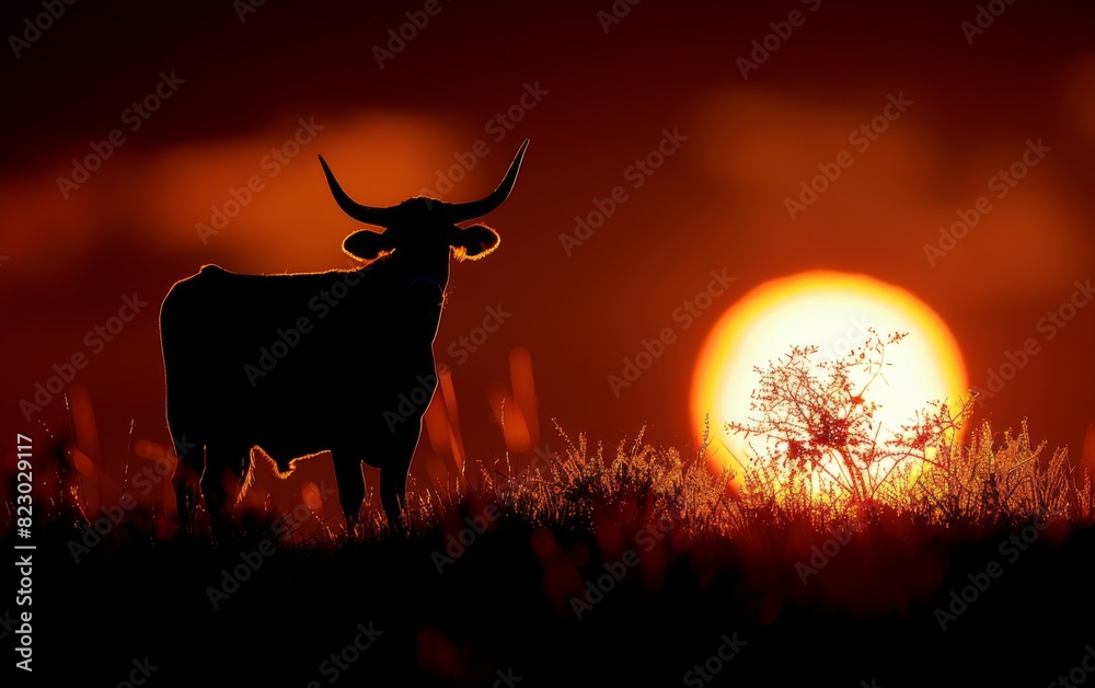 A bull standing gracefully in a field as the sun sets in the background A bull standing gracefully in a field as the sun sets in the background
