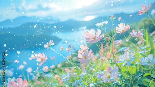 Serene Nature Scene with Falling Petals and Vibrant Landscape