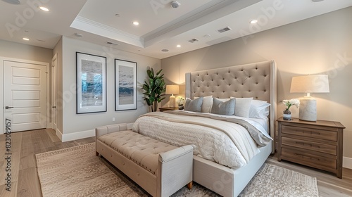 Elegant bedroom interior with a large tufted headboard  cozy bedding  and tasteful decor accents a serene and luxurious atmosphere. 